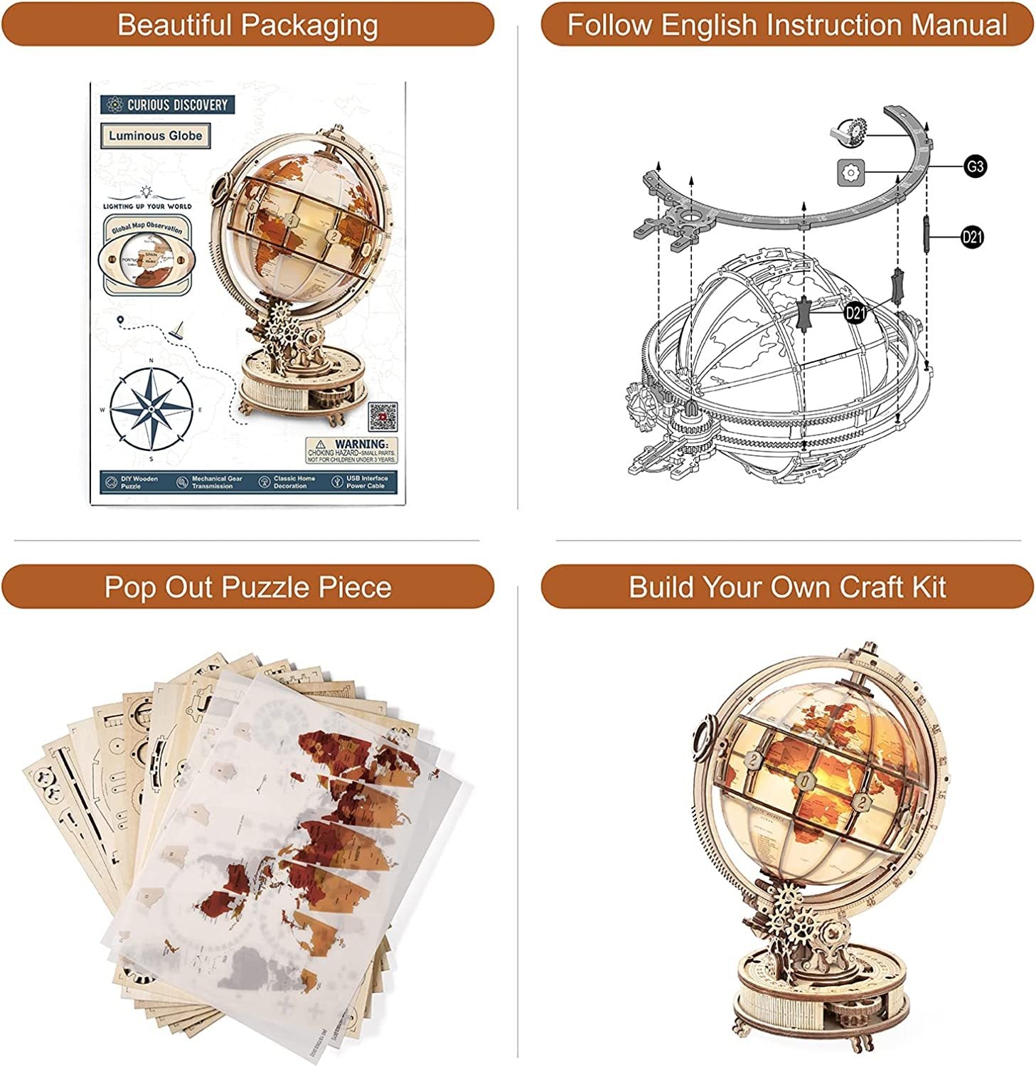 ROKR Luminous Globe 3D Wooden 180PCS Model